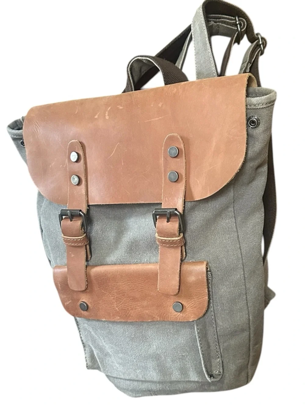 United Leather New York Cotton Canvas CowhideLeather UNISEX Backpack Taupe NWOT
